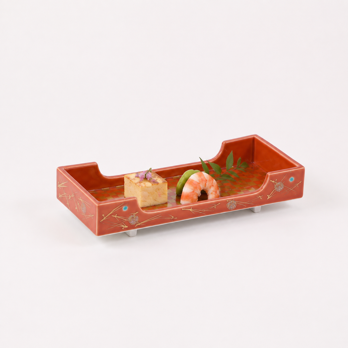 箱型付出皿ピンク金市松 レッド 10cm