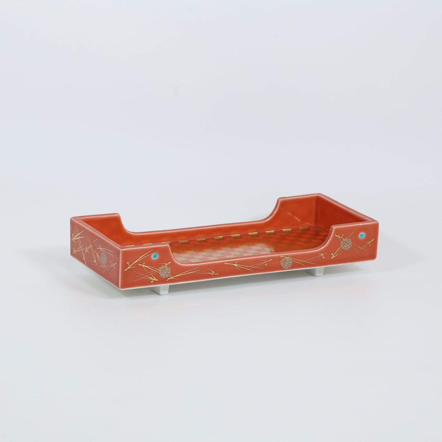 箱型付出皿ピンク金市松 レッド 10cm
