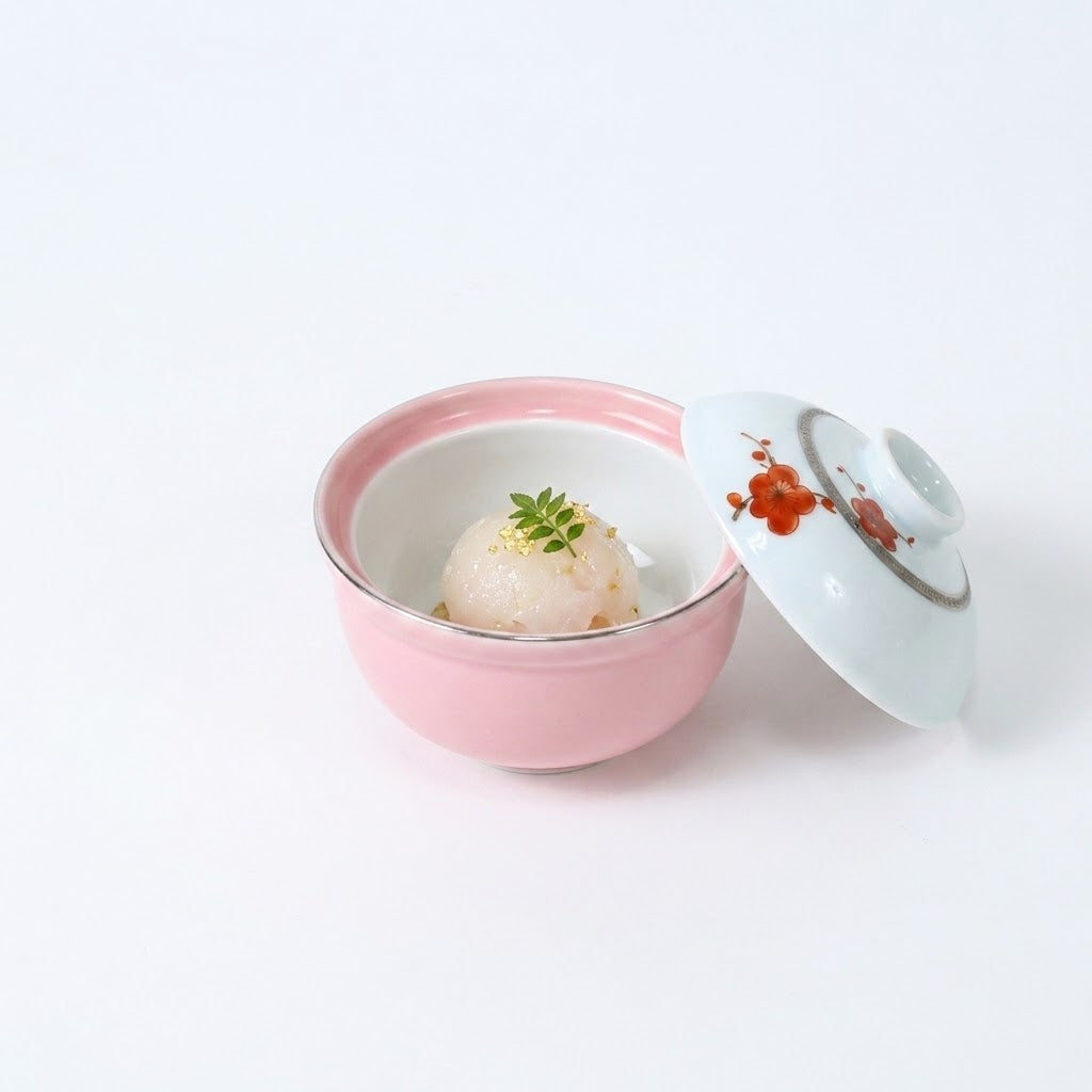 小蓋物桃釉錦帯花絵 レッド 10cm