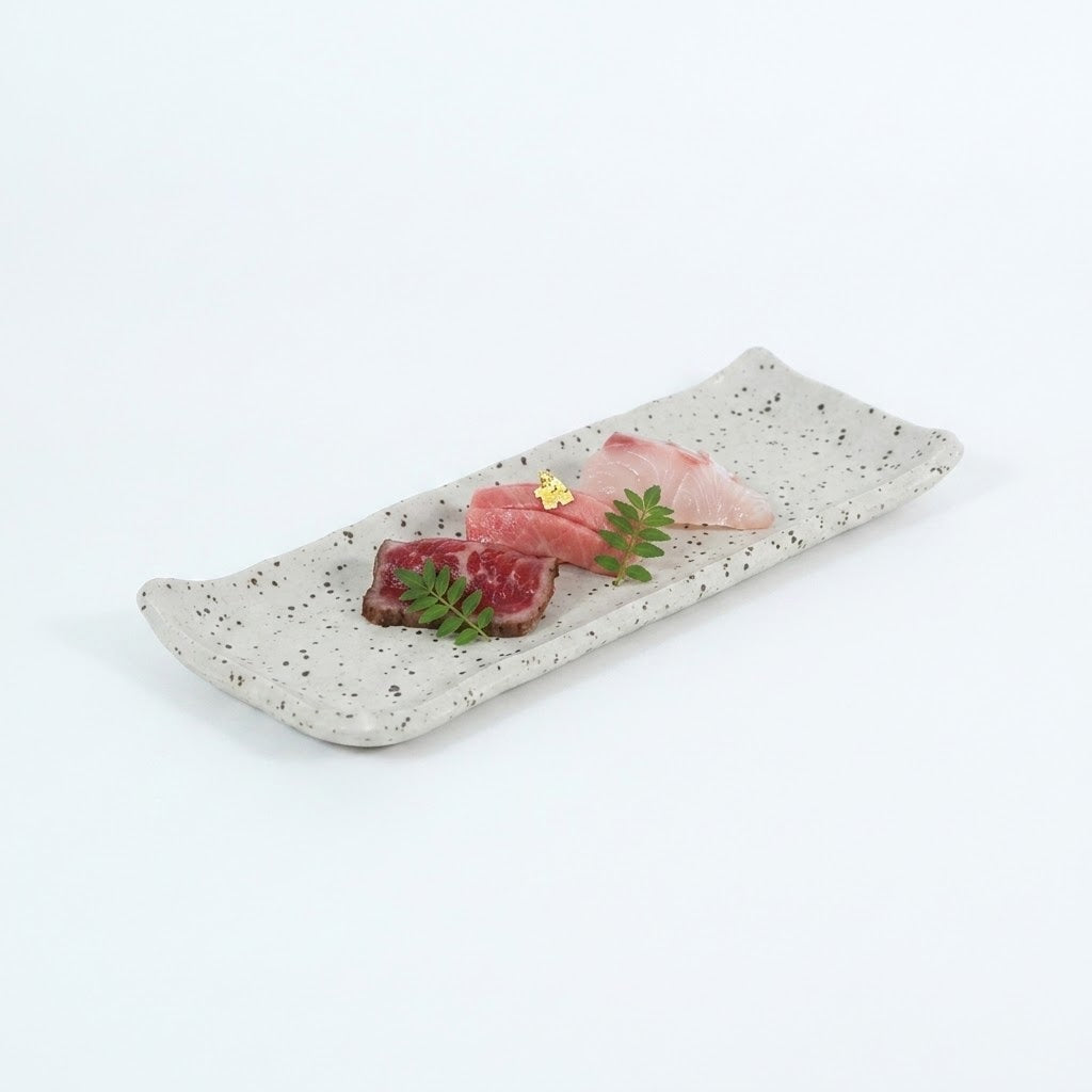細長焼皿御影乱彫 グレー 31cm