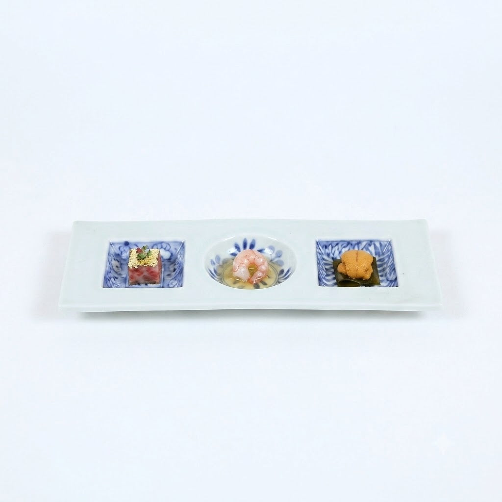 前菜皿染付五柄文様◯□長三品盛 ホワイト 9cm