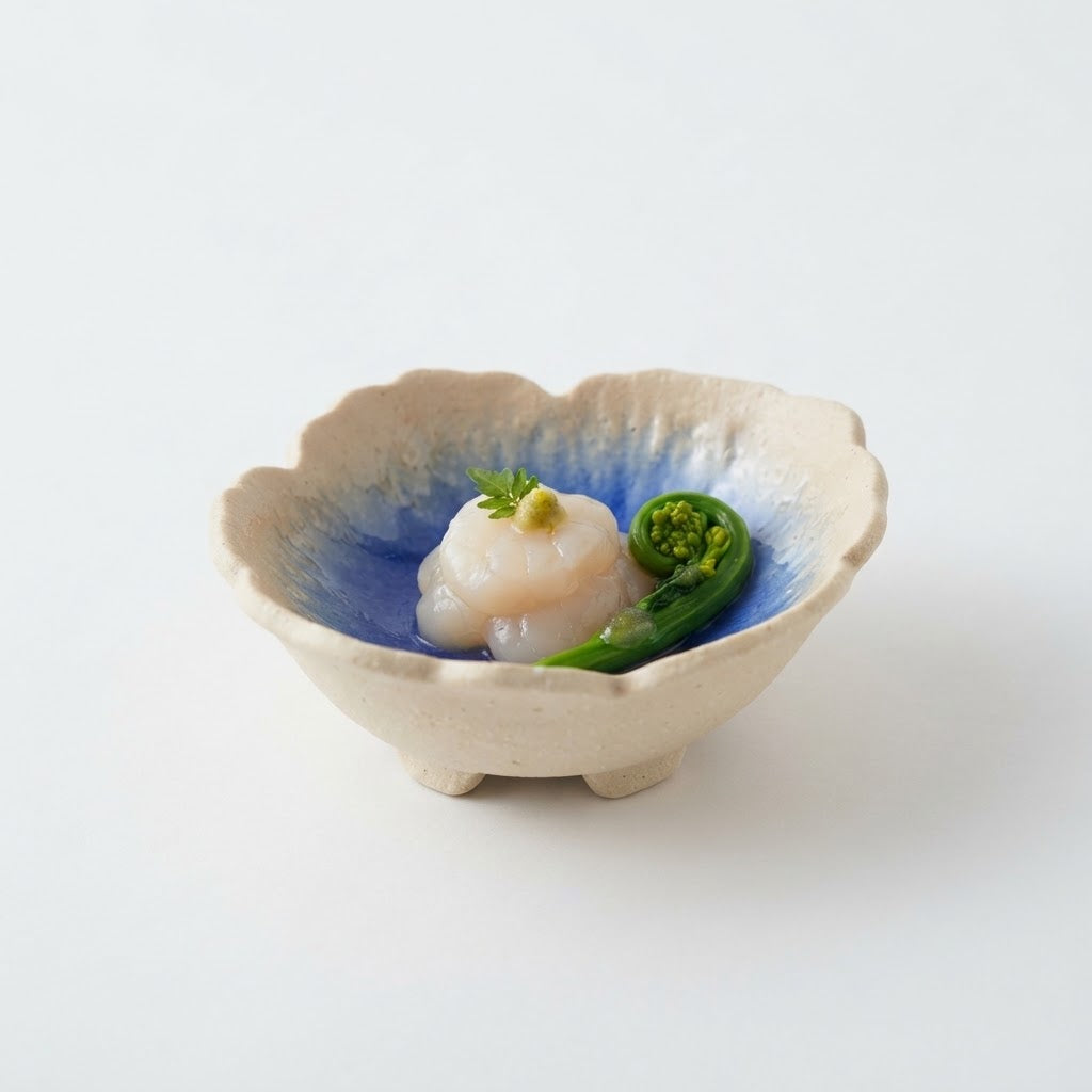 中鉢オレンジ釉瑠璃吹菊葉 ブルー 14cm