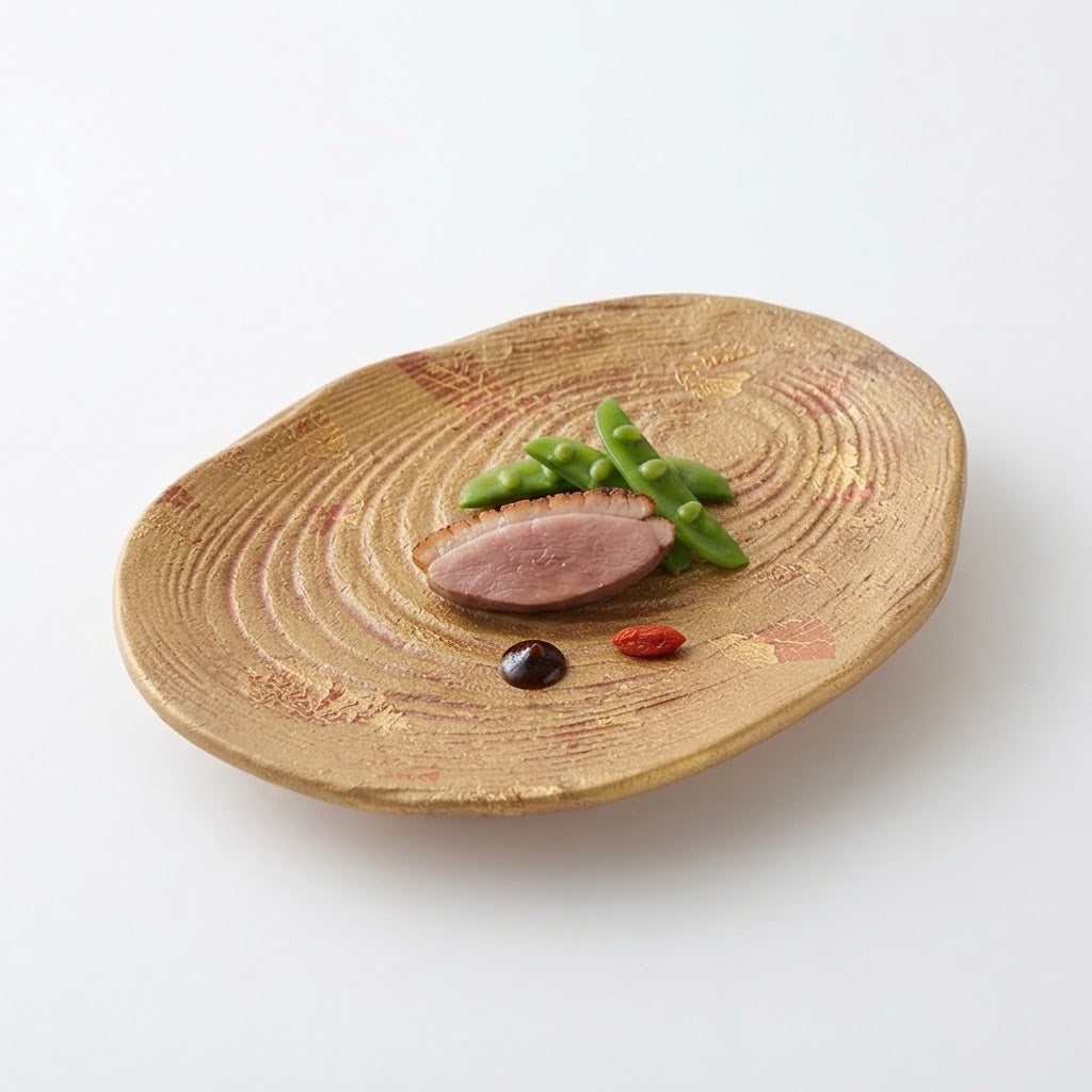 焼物皿錦金彩朴葉 ブラウン 23cm