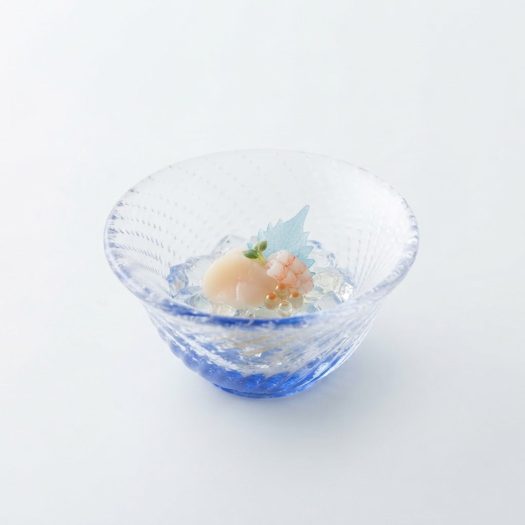 ガラス珍味渦巻鉋目小付 ブルー 6cm