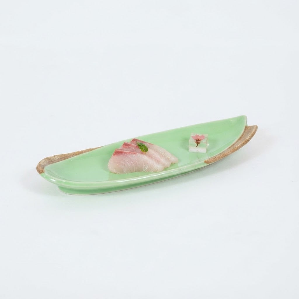 付出皿ヒワ釉笹葉 グリーン 27cm