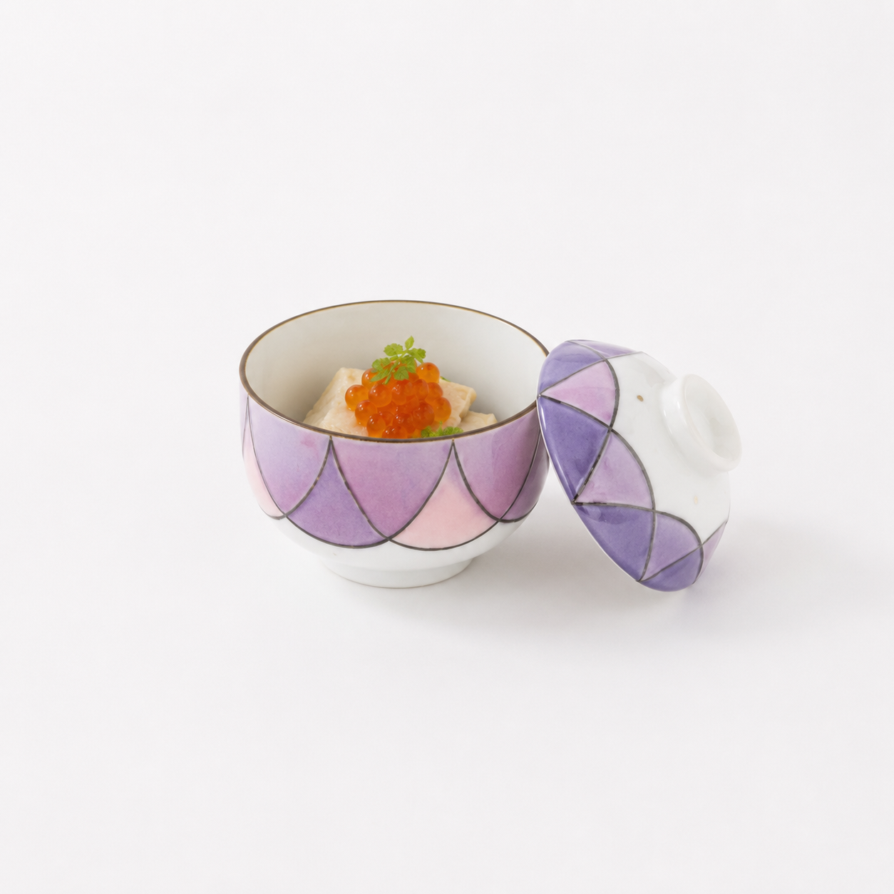 蓋物紫ピンク半月紋 ホワイト 10cm